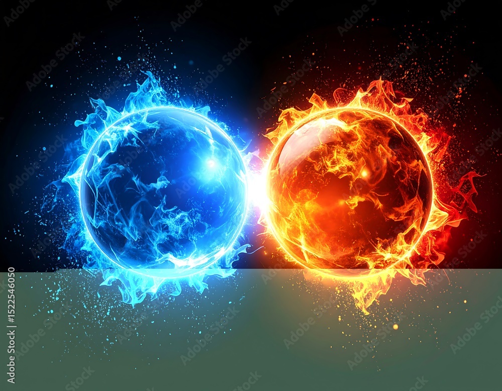 Obraz premium Two fiery spheres, clashing opposites