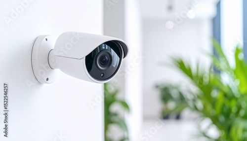 Modern White Security Camera Mounted on a Wall in an Office Building