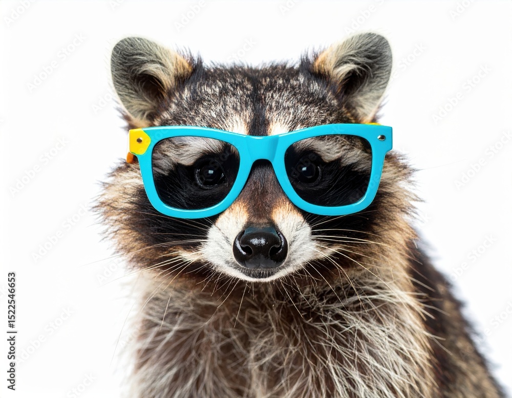 Fototapeta premium Raccoon with blue glasses looking forward on white background