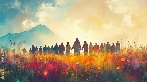 jesus christ holding hands with diverse group of people digital watercolor painting