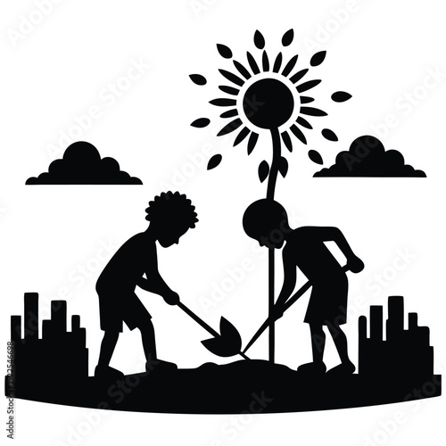 Gardening Together Children Planting a Sunflower Seed in Cityscape