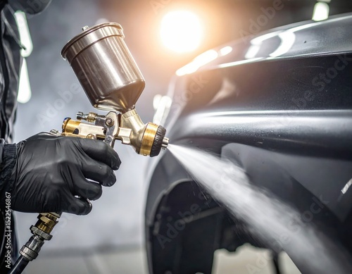 Car painting process with spray gun technique on black vehicle surface