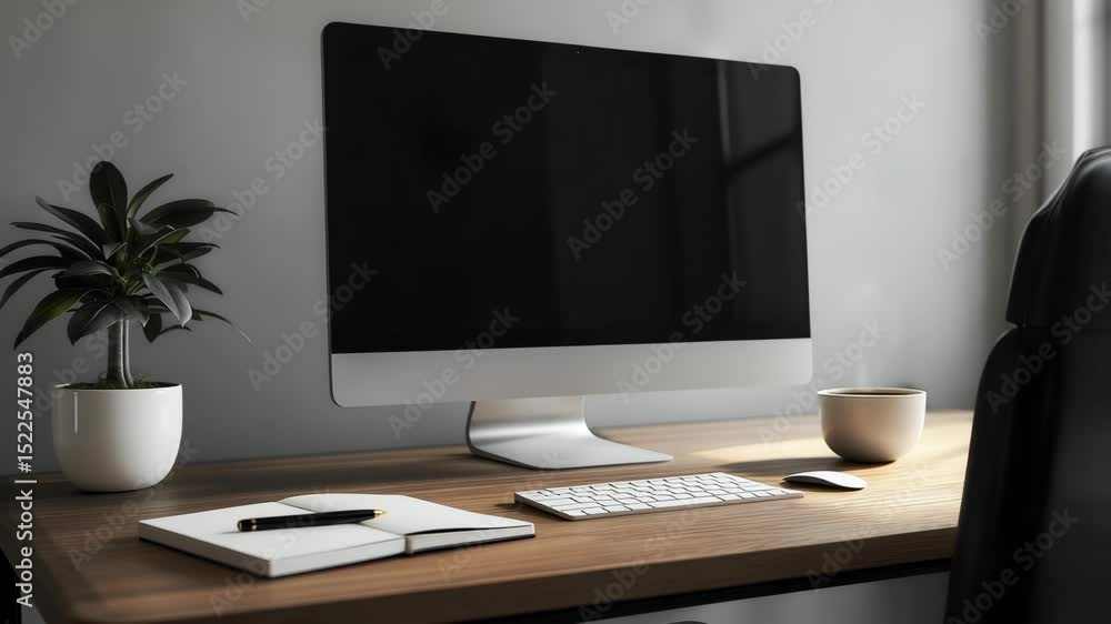 Modern workspace featuring a sleek computer setup with minimalistic decor and natural light Modern workspace featuring a sleek computer setup with minimalistic decor and natural light