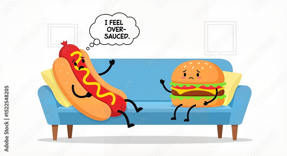 Fototapeta premium Cartoon hot dog and burger talking on couch with funny pun