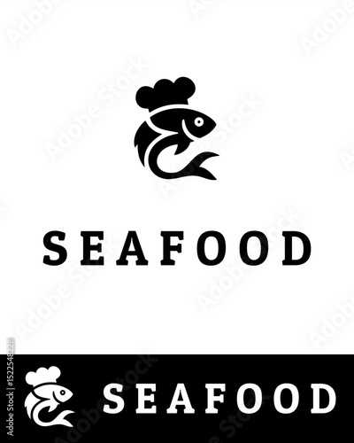 Creative seafood logo featuring a stylized fish wearing a chef hat, ideal for restaurants, culinary branding, seafood businesses