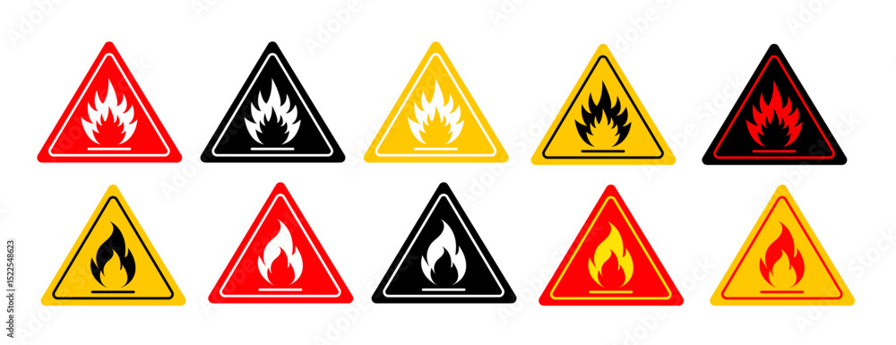 Set of Flat Triangular Fire Hazard Warning Signs – Yellow and Black Caution Symbols with Fire Icon
Set of Flat Triangular Fire Hazard Warning Signs – Yellow and Black Caution Symbols with Fire Icon