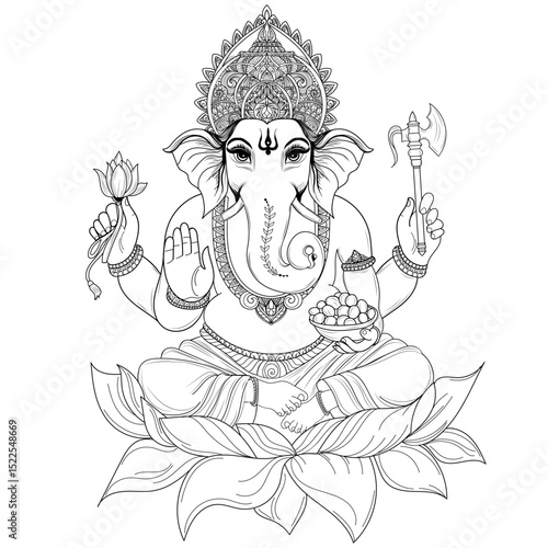 Detailed black and white line art illustration of Lord Ganesha, hand-drawn hindu god vector artwork, isolated on white background, perfect for Ganesh Chaturthi festival, spiritual and religious design