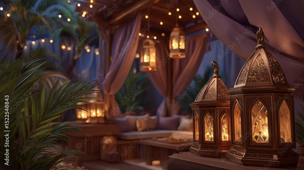Obraz premium Serene Moroccan Night Illuminated Lanterns Cozy Patio