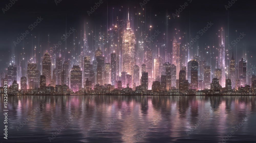 Fototapeta premium Futuristic Cityscape at Night Glowing Skyscrapers Urban Reflection