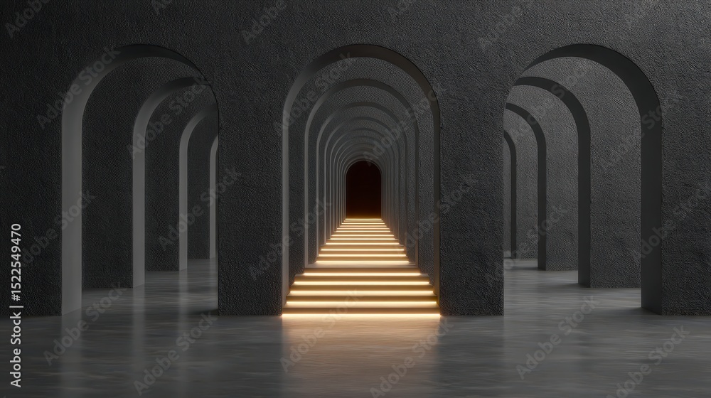 Obraz premium Dramatic Dark Corridor Illuminated Stairs Archway Minimalist Architecture Abstract Bac