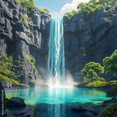 A tall waterfall rushing down dark rocky cliffs into a calm pool surrounded by moss and greenery, realistic detail on white background.