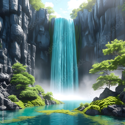 A tall waterfall rushing down dark rocky cliffs into a calm pool surrounded by moss and greenery, realistic detail on white background.