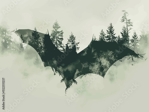 a flying bat in double exposure of pine forest