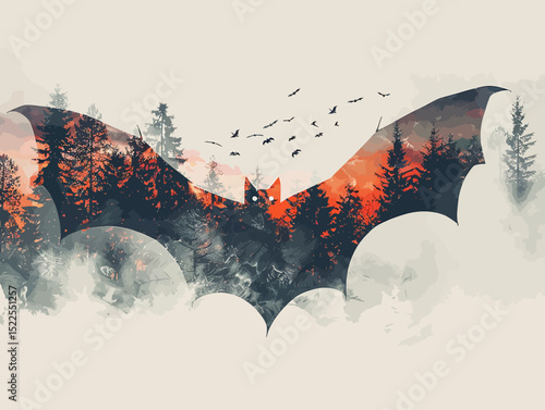 a flying bat in double exposure of pine forest