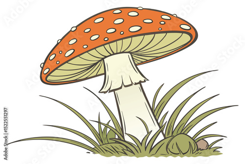 Illustration of a fly agaric mushroom in the grass.