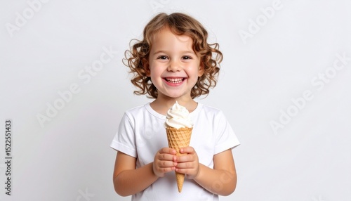 Smiling young girl holding vanilla ice cream cone against white background