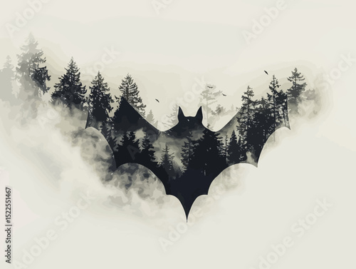 a flying bat in double exposure of pine forest