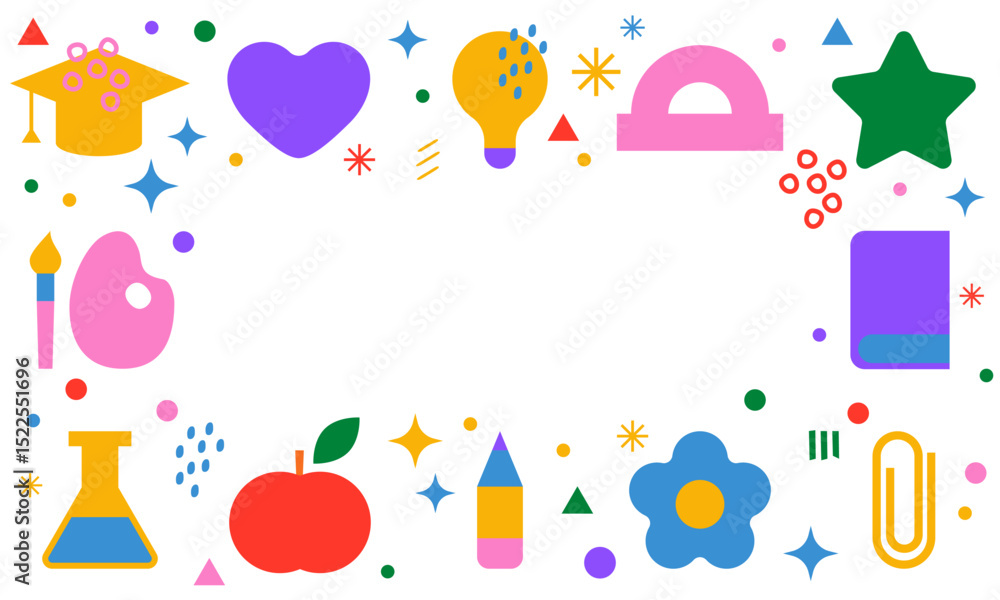 School elements set. Vector flat illustration. Back to school. Set of different school supplies. First day of school School elements set. Vector flat illustration. Back to school. Set of different school supplies. First day of school
