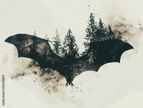 a flying bat in double exposure of pine forest
