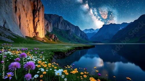 Stunning night landscape with a vibrant meadow of wildflowers and a calm lake reflecting the starry sky, perfect for nature and travel footage.