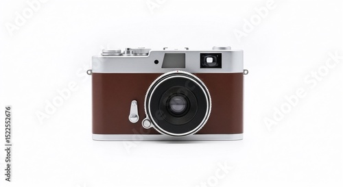 Vintage style camera with brown leather body on white background