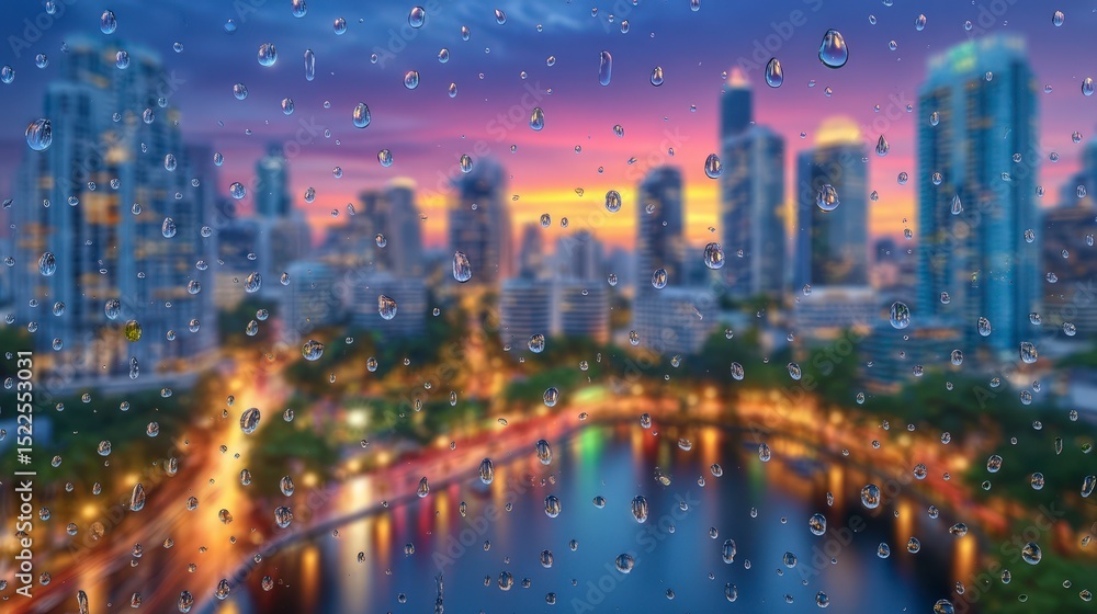 Fototapeta premium Dramatic City Sunset Rain Drops Window View