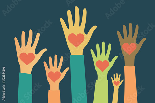 Diverse Hands Raised Holding Hearts