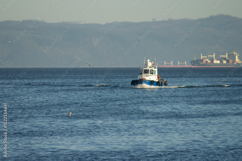 Industrial Strength: Tugboat Guiding Ships in Chilean Harbor Industrial Strength: Tugboat Guiding Ships in Chilean Harbor