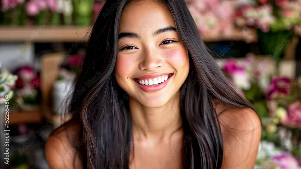 Smiling Asian Woman Portrait in Flower Shop Setting