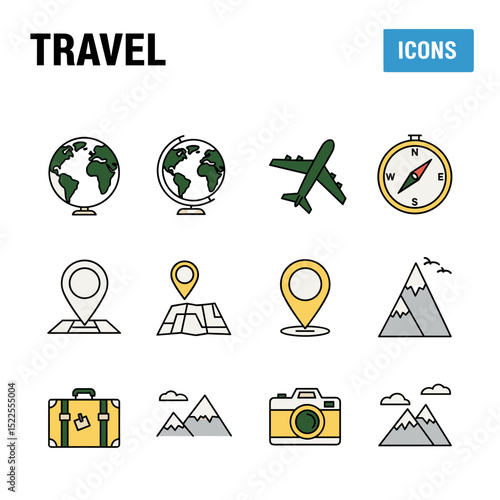 Travel Icons: A comprehensive set of flat vector travel icons, perfect for various design projects related to globetrotting adventures and exploration. 