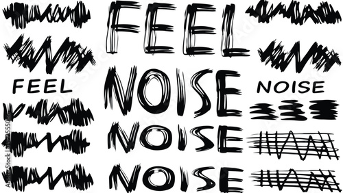 A black and white image featuring the words feel and noise with abstract lines and shapes around them