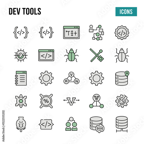 Essential Tools of Technology: A set of modern icons illustrating the fundamental dev tools of software and web development, each carefully rendered with precision.