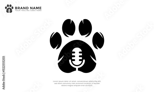 Paw Podcast Logo. Modern logo combine paw with microphone. Perfect for pet podcast, animal media, pet blog, or voice animals.