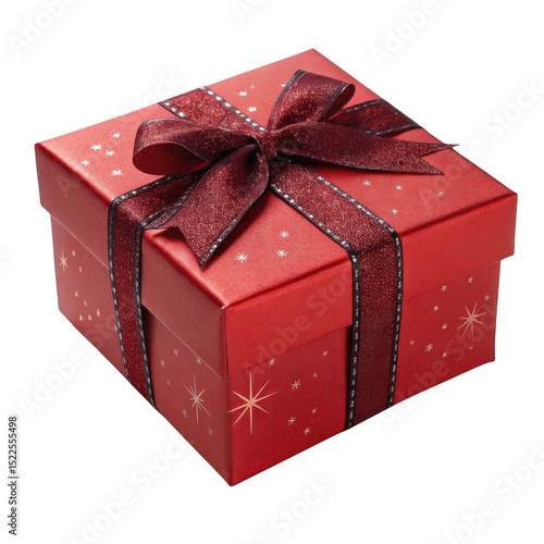 Red gift box with glittery bow and stars