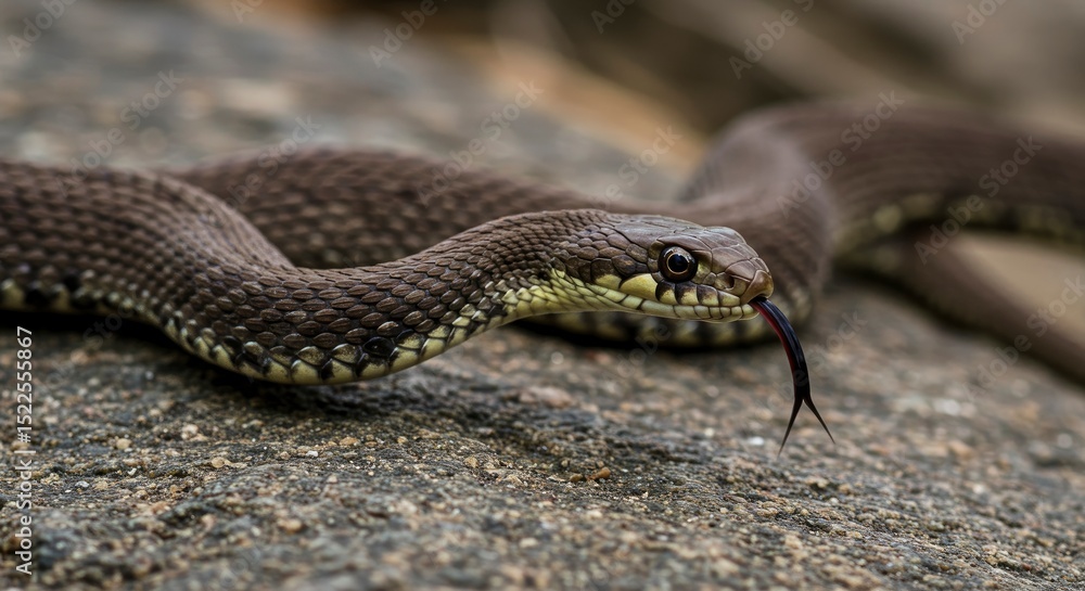 Fototapeta premium Closeup of a Dark Brown Snake on a Rocky Surface