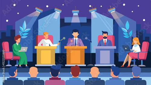 Political Debate Illustration with Audience, Podiums, Microphones, Spotlights, and Cityscape Background