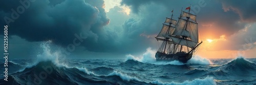 A majestic sailing ship battles a fierce storm at sea, embodying the raw, untamed power of elemental emotion , exploration, epic, struggle
