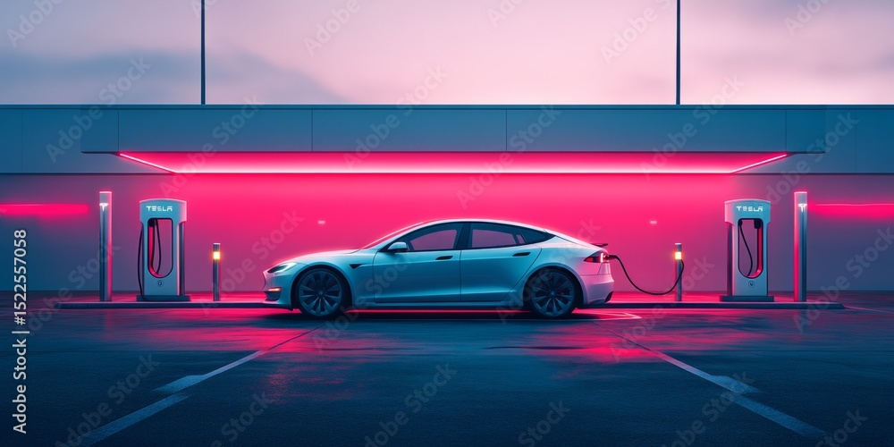 Fototapeta premium Electric car charging at futuristic station at dusk