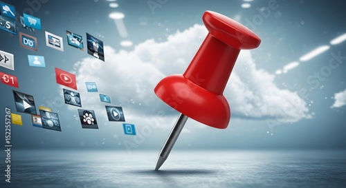 Red Push Pin and Cloud Computing with Media Icons

