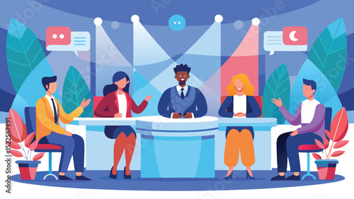 Diverse Panel Discussion with Thought Bubbles, Spotlights, and Indoor Potted Plants Illustration