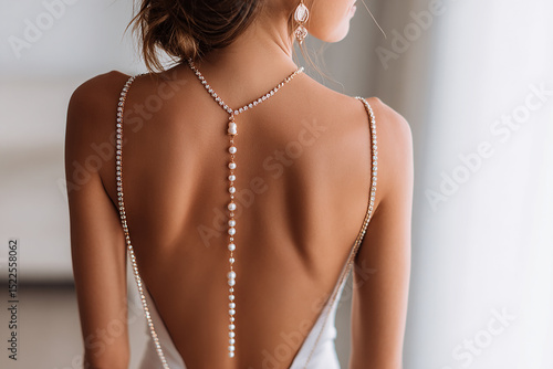 View of the back of a woman with a luxury and delicate pearl necklace over her back