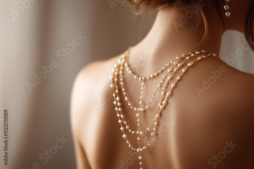 View of the back of a woman with a luxury and delicate pearl necklace over her back