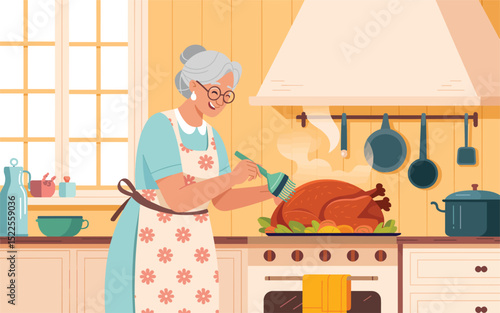 Grandmother Preparing Thanksgiving Turkey in Cozy Kitchen A heartwarming vector illustration