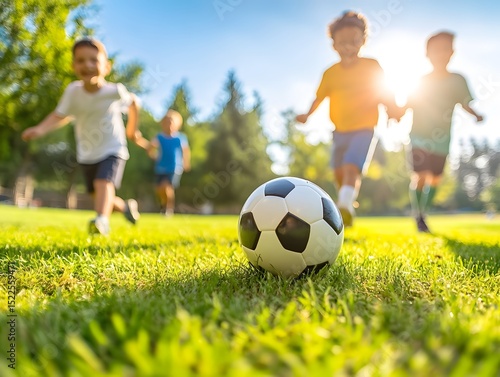 Children Playing Soccer in a Sunny Park