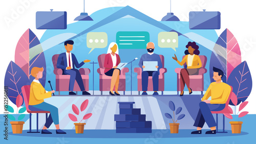 Illustrated Panel Discussion with Diverse Speakers and Audience Members in Modern Setting