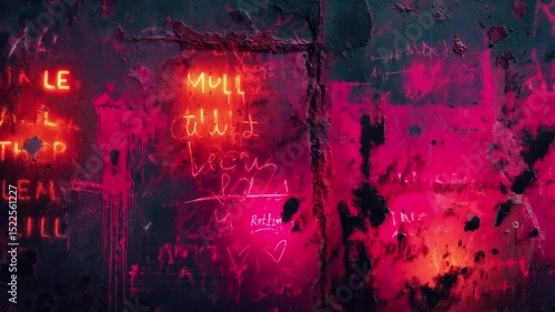 An abstract neon graffiti artwork displayed on a wall, showcasing vibrant pink hues and an urban atmosphere