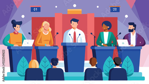 Political debate illustration showing diverse candidates at podiums facing an audience from behind