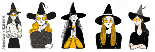Cute modern witch doodle characters wearing sunglasses for Halloween