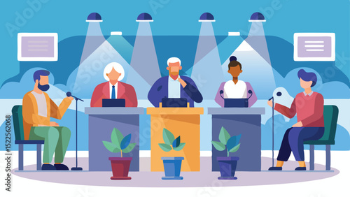 Diverse Panelists at a Forum or Debate, Microphones, Spotlights and Potted Plants