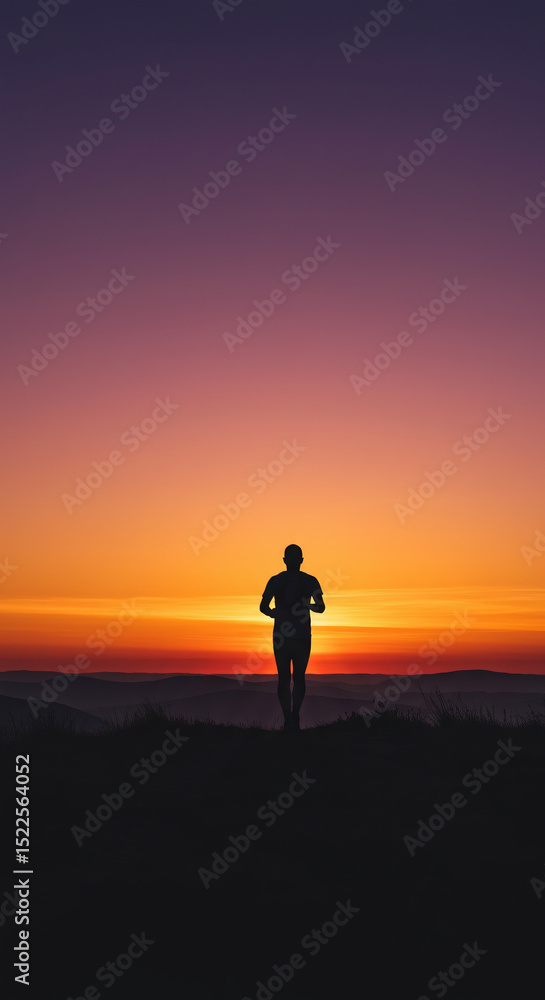 Obraz premium Runner’s Silhouette Against Dramatic Sunset on Hilltop